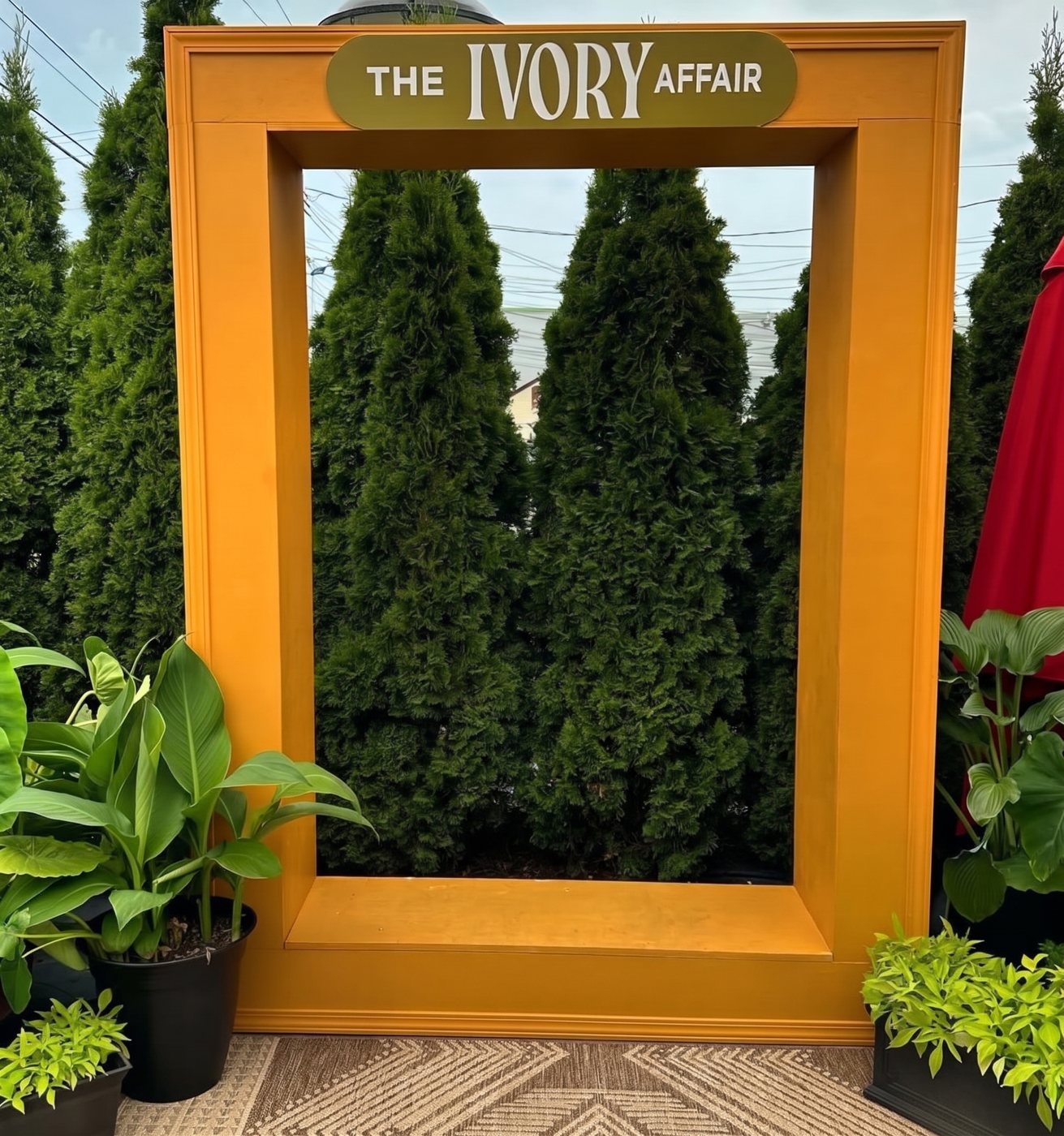 A large golden-orange picture frame photo spot with The Ivory Affair sign, set among evergreens and potted plants